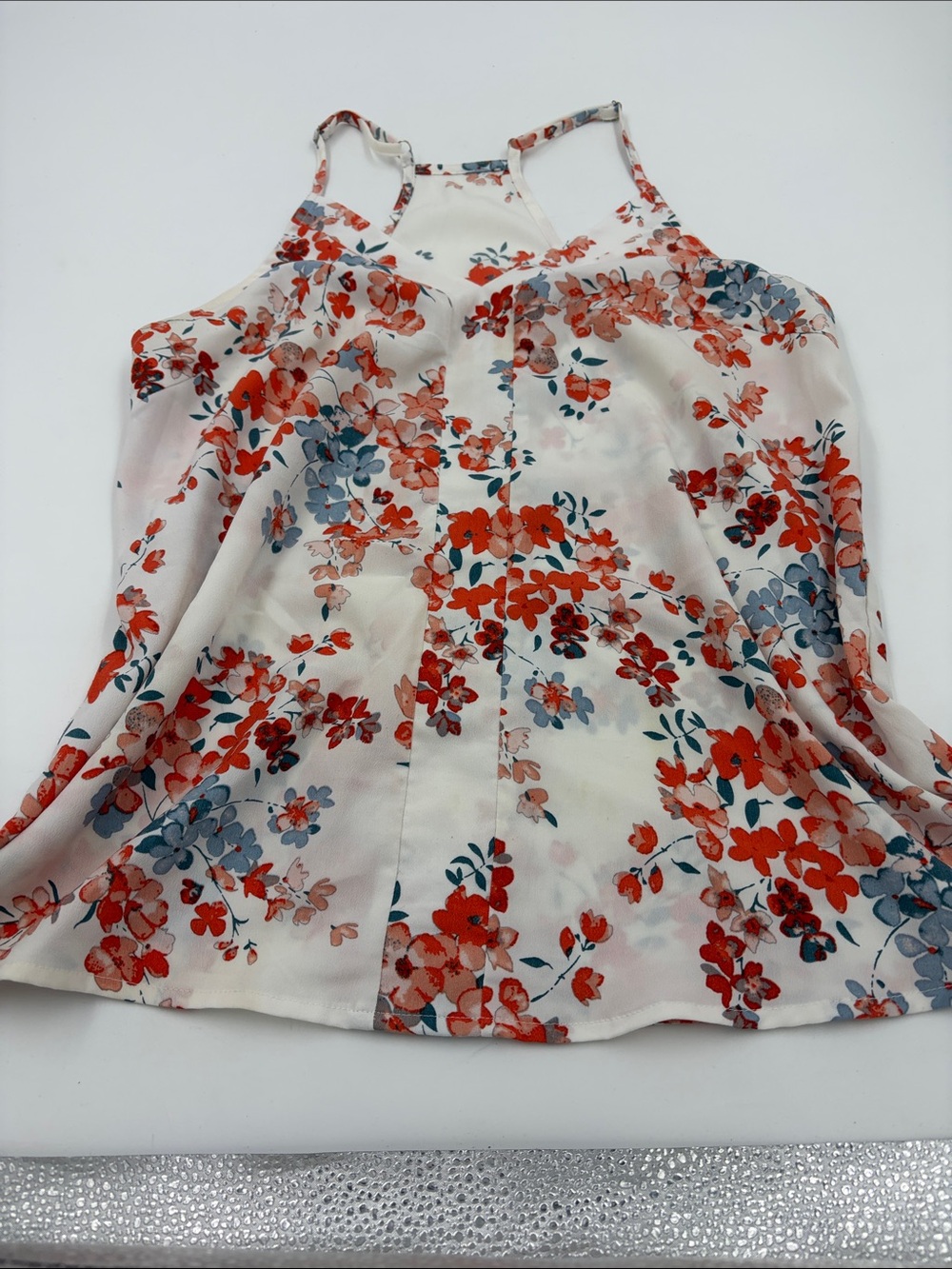 Floral Swing Cami Tank Top - White with Red & Blue Blossoms